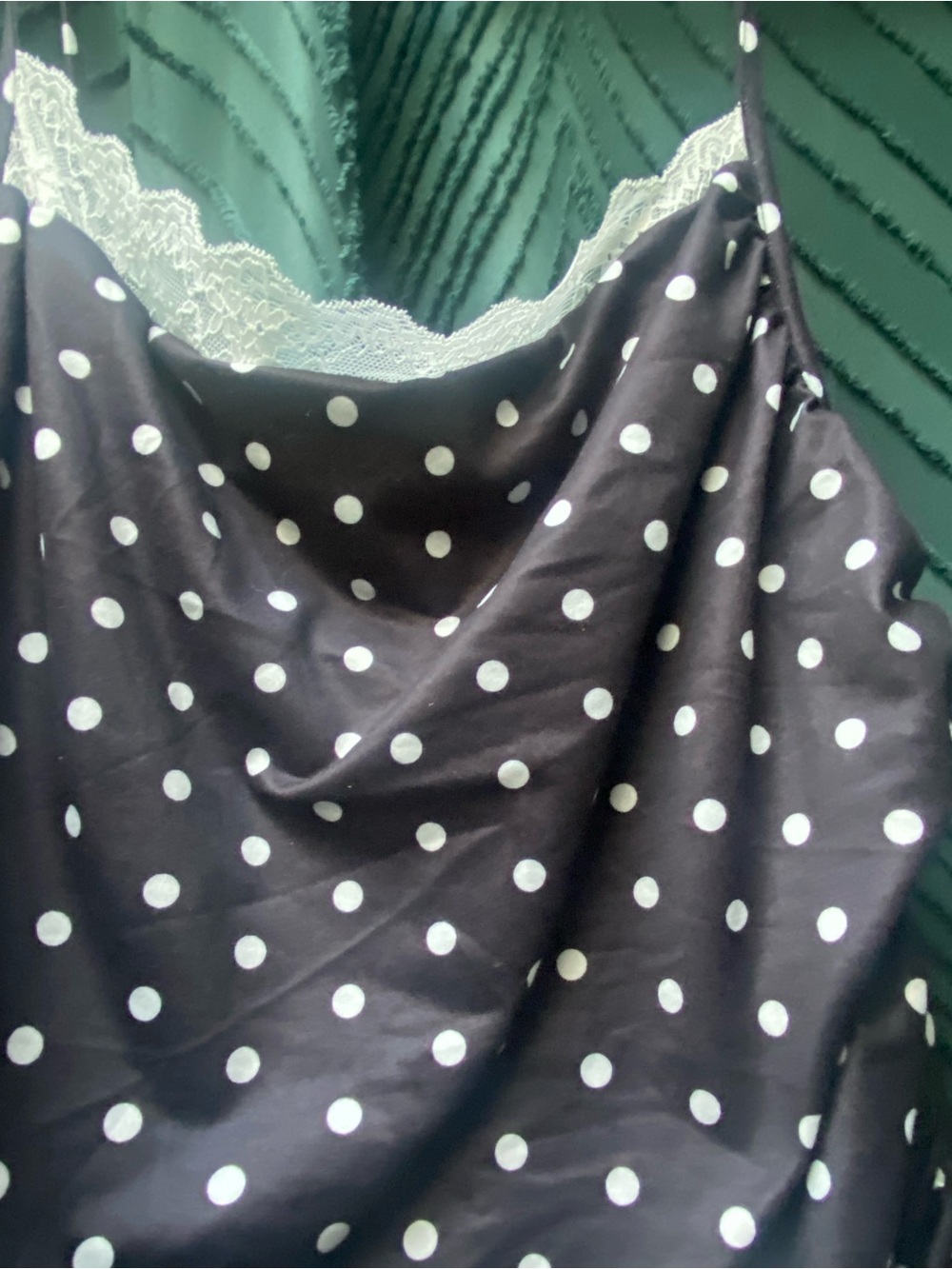 Black Polka Dot Satin Slip Dress with Lace Trim - Picture 2 of 3